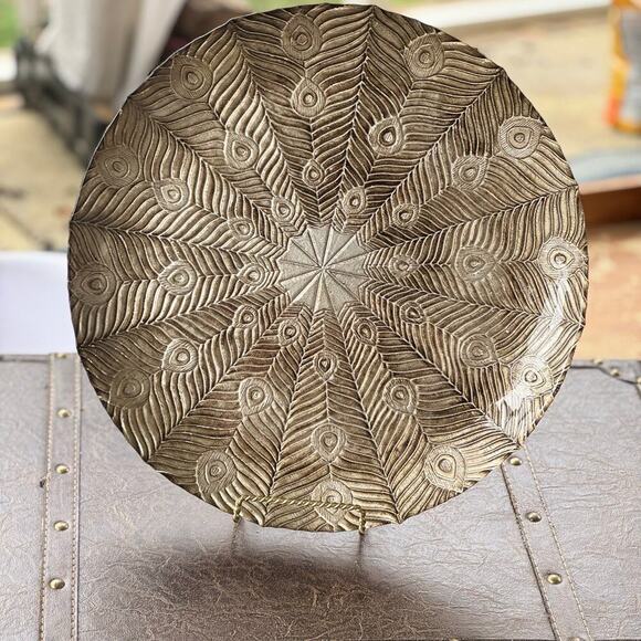 14” Embossed Mandala Platter – Boho Peacock Feather - Picture 2 of 5